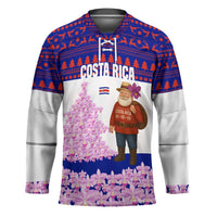 Costa Rica Christmas Hockey Jersey with Santa Claus Pink Orchid Tree National Emblem and Festive Pattern Design - Wonder Print Shop