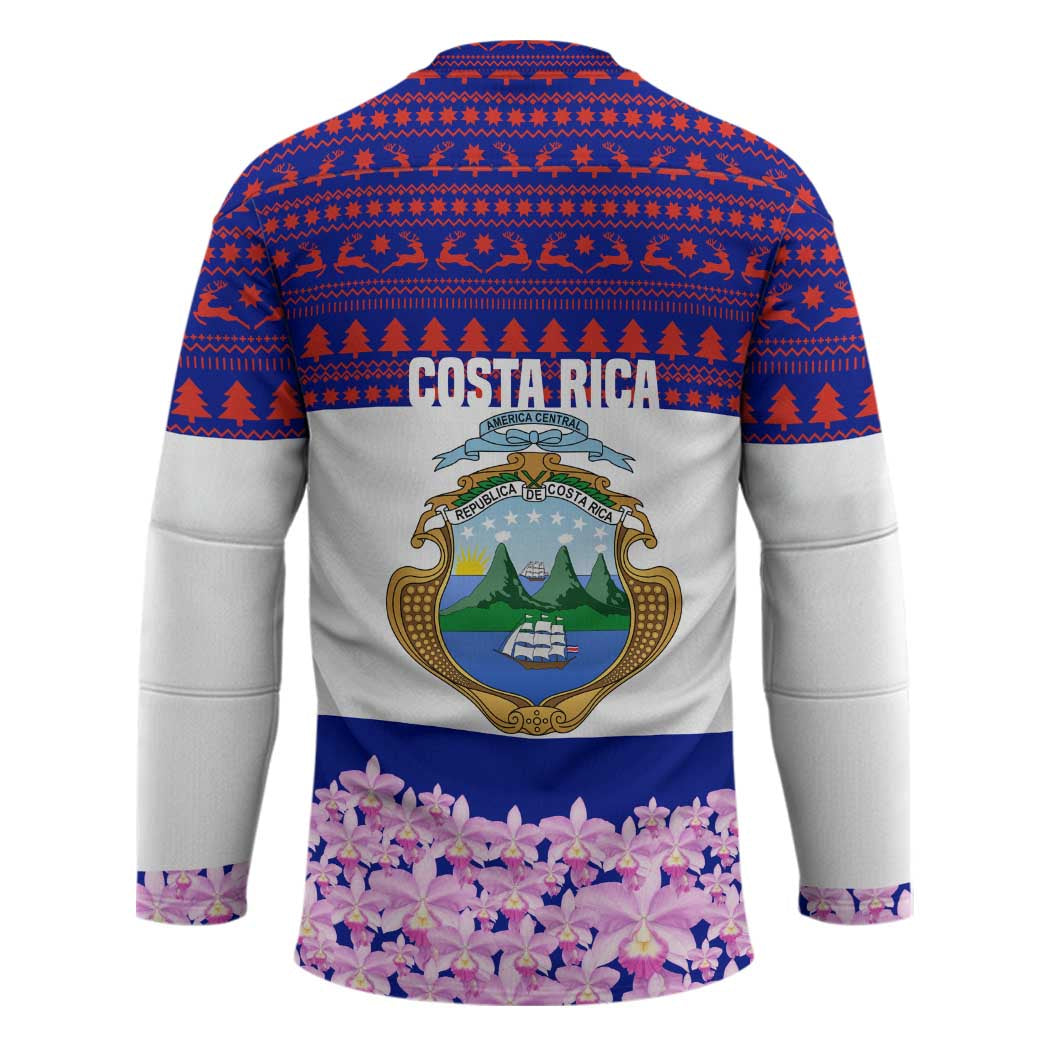 Costa Rica Christmas Hockey Jersey with Santa Claus Pink Orchid Tree National Emblem and Festive Pattern Design - Wonder Print Shop