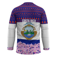 Costa Rica Christmas Hockey Jersey with Santa Claus Pink Orchid Tree National Emblem and Festive Pattern Design - Wonder Print Shop