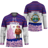 Costa Rica Christmas Hockey Jersey with Santa Claus Pink Orchid Tree National Emblem and Festive Pattern Design - Wonder Print Shop