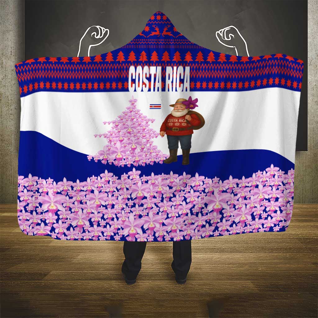Costa Rica Christmas Hooded Blanket with Santa Claus Pink Orchid Tree National Emblem and Festive Pattern Design - Wonder Print Shop