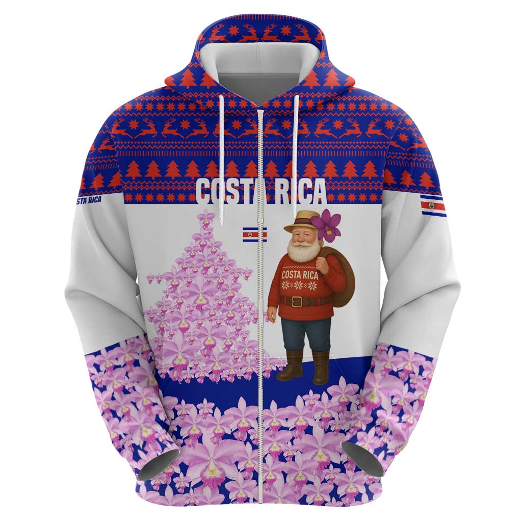 Costa Rica Christmas Hoodie with Santa Claus Pink Orchid Tree National Emblem and Festive Pattern Design - Wonder Print Shop
