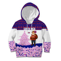 Costa Rica Christmas Kid Hoodie with Santa Claus Pink Orchid Tree National Emblem and Festive Pattern Design - Wonder Print Shop