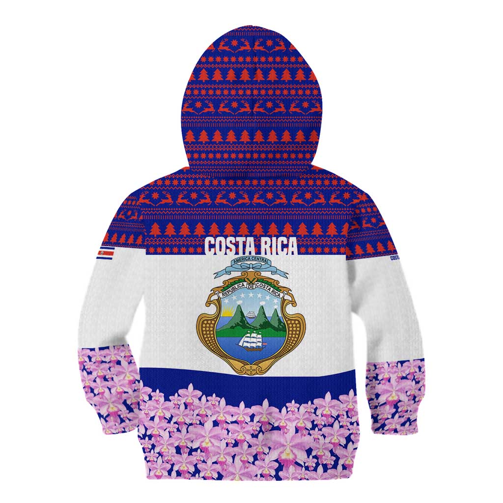 Costa Rica Christmas Kid Hoodie with Santa Claus Pink Orchid Tree National Emblem and Festive Pattern Design - Wonder Print Shop