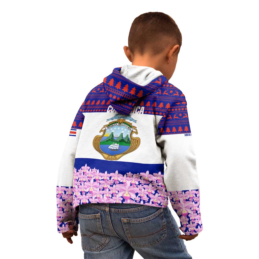 Costa Rica Christmas Kid Hoodie with Santa Claus Pink Orchid Tree National Emblem and Festive Pattern Design - Wonder Print Shop