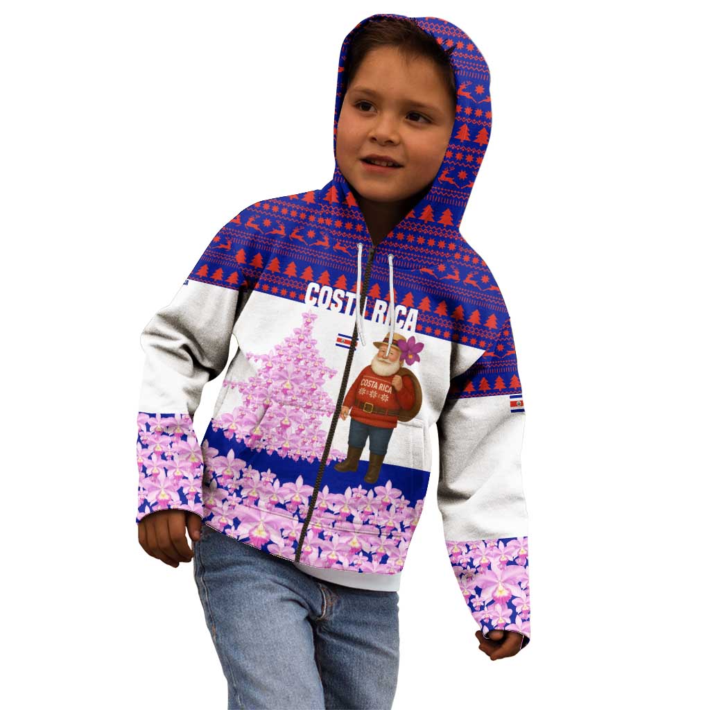 Costa Rica Christmas Kid Hoodie with Santa Claus Pink Orchid Tree National Emblem and Festive Pattern Design - Wonder Print Shop