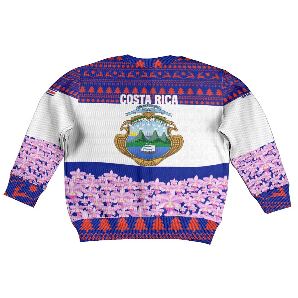 Costa Rica Christmas Kid Ugly Christmas Sweater with Santa Claus Pink Orchid Tree National Emblem and Festive Pattern Design - Wonder Print Shop