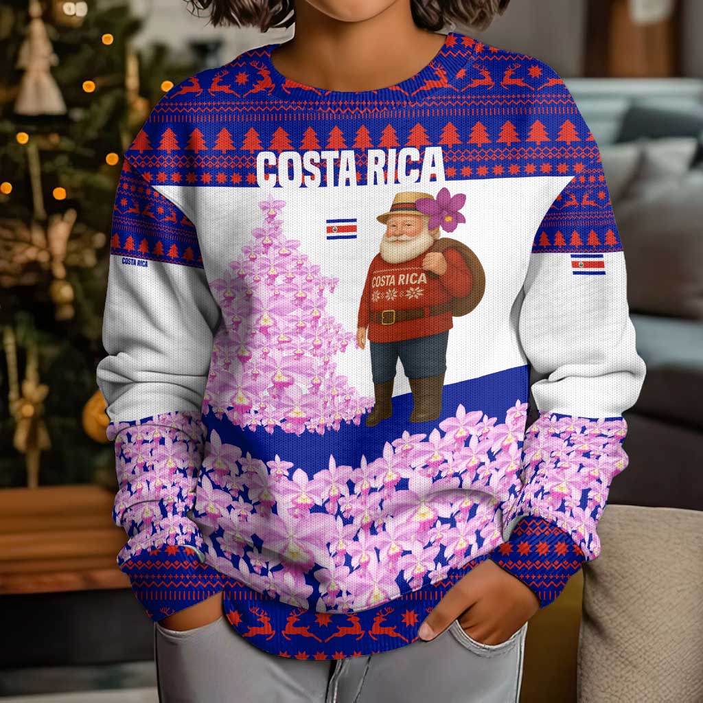 Costa Rica Christmas Kid Ugly Christmas Sweater with Santa Claus Pink Orchid Tree National Emblem and Festive Pattern Design - Wonder Print Shop