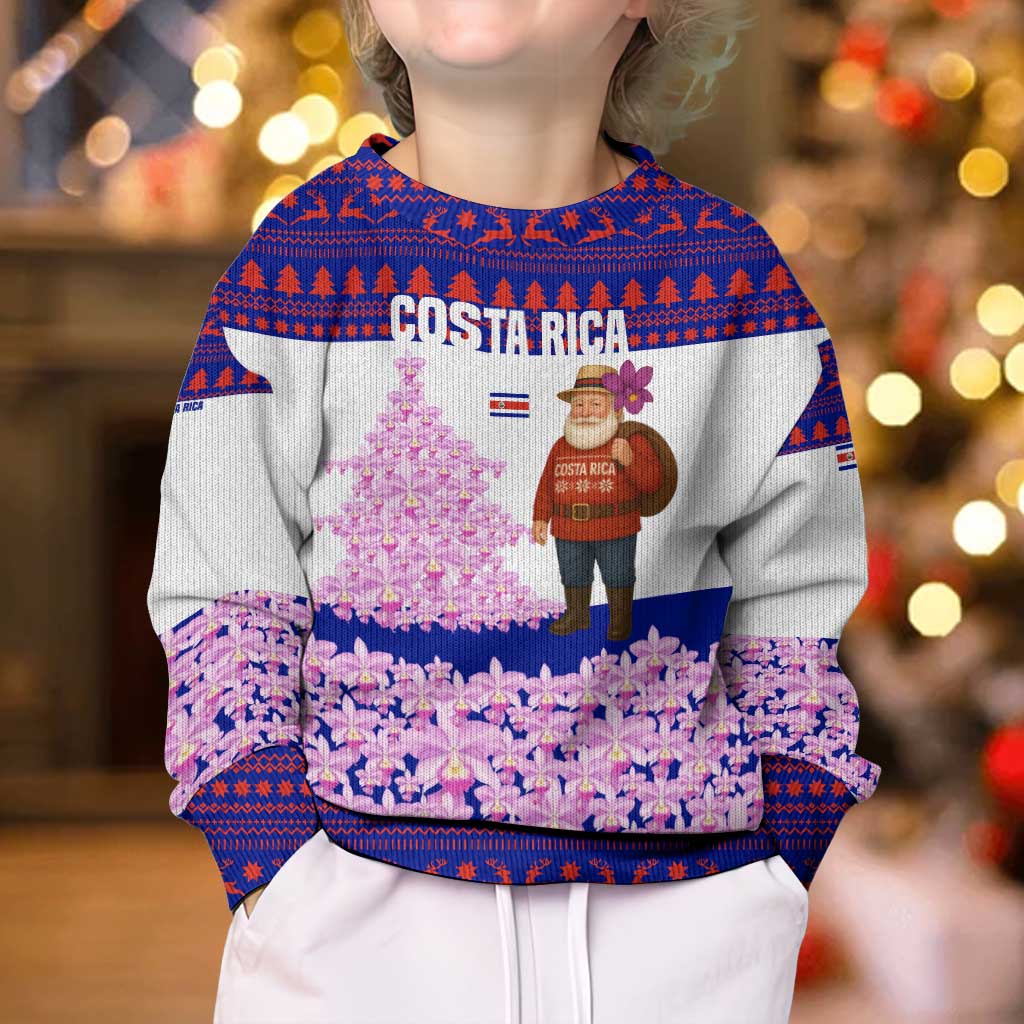 Costa Rica Christmas Kid Ugly Christmas Sweater with Santa Claus Pink Orchid Tree National Emblem and Festive Pattern Design - Wonder Print Shop
