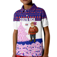 Costa Rica Christmas Kid Polo Shirt with Santa Claus Pink Orchid Tree National Emblem and Festive Pattern Design - Wonder Print Shop