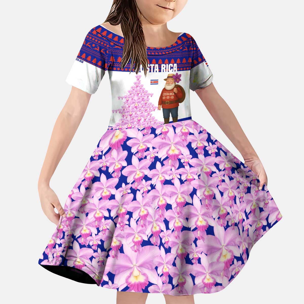 Costa Rica Christmas Kid Short Sleeve Dress with Santa Claus Pink Orchid Tree National Emblem and Festive Pattern Design - Wonder Print Shop