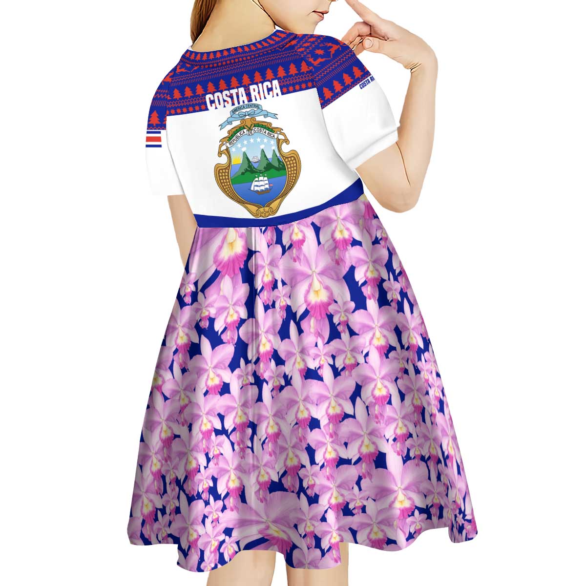 Costa Rica Christmas Kid Short Sleeve Dress with Santa Claus Pink Orchid Tree National Emblem and Festive Pattern Design - Wonder Print Shop