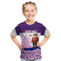 Costa Rica Christmas Kid T Shirt with Santa Claus Pink Orchid Tree National Emblem and Festive Pattern Design - Wonder Print Shop