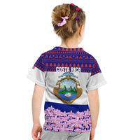 Costa Rica Christmas Kid T Shirt with Santa Claus Pink Orchid Tree National Emblem and Festive Pattern Design - Wonder Print Shop