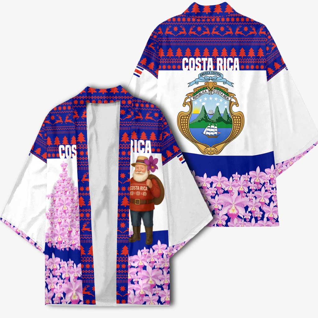 Costa Rica Christmas Kimono with Santa Claus Pink Orchid Tree National Emblem and Festive Pattern Design - Wonder Print Shop