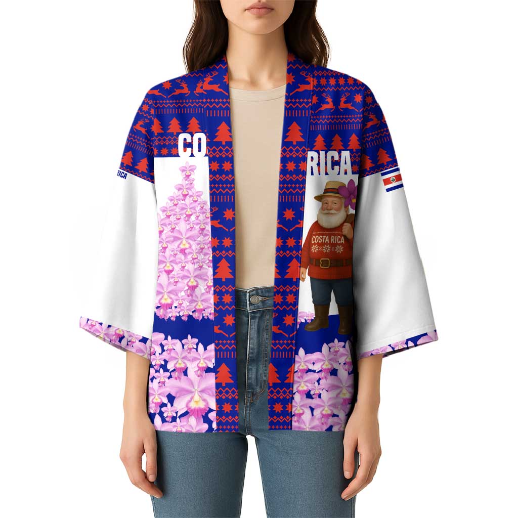 Costa Rica Christmas Kimono with Santa Claus Pink Orchid Tree National Emblem and Festive Pattern Design - Wonder Print Shop