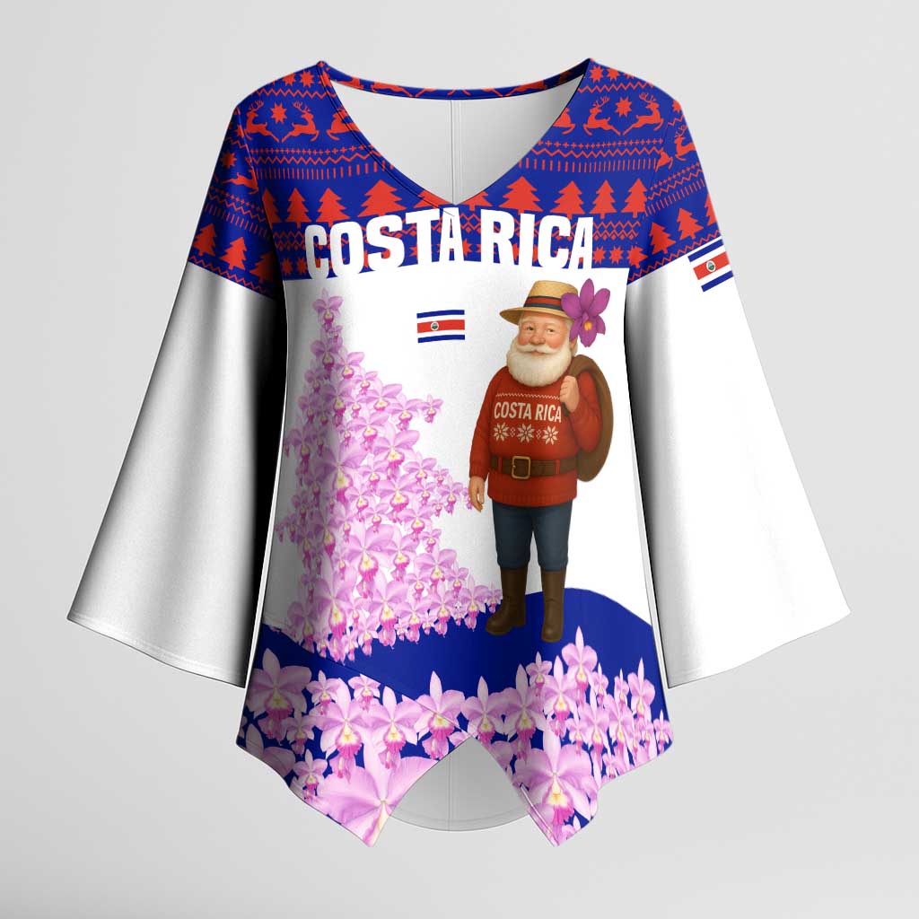 Costa Rica Christmas Kimono Sleeve Blouse with Santa Claus Pink Orchid Tree National Emblem and Festive Pattern Design - Wonder Print Shop