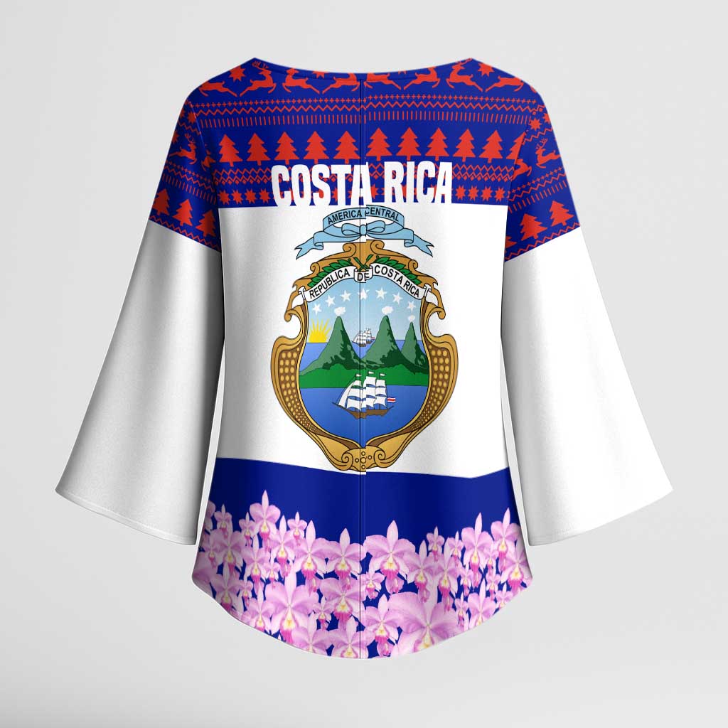 Costa Rica Christmas Kimono Sleeve Blouse with Santa Claus Pink Orchid Tree National Emblem and Festive Pattern Design - Wonder Print Shop