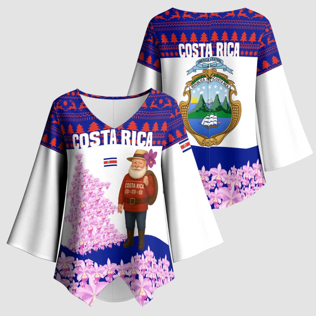 Costa Rica Christmas Kimono Sleeve Blouse with Santa Claus Pink Orchid Tree National Emblem and Festive Pattern Design - Wonder Print Shop