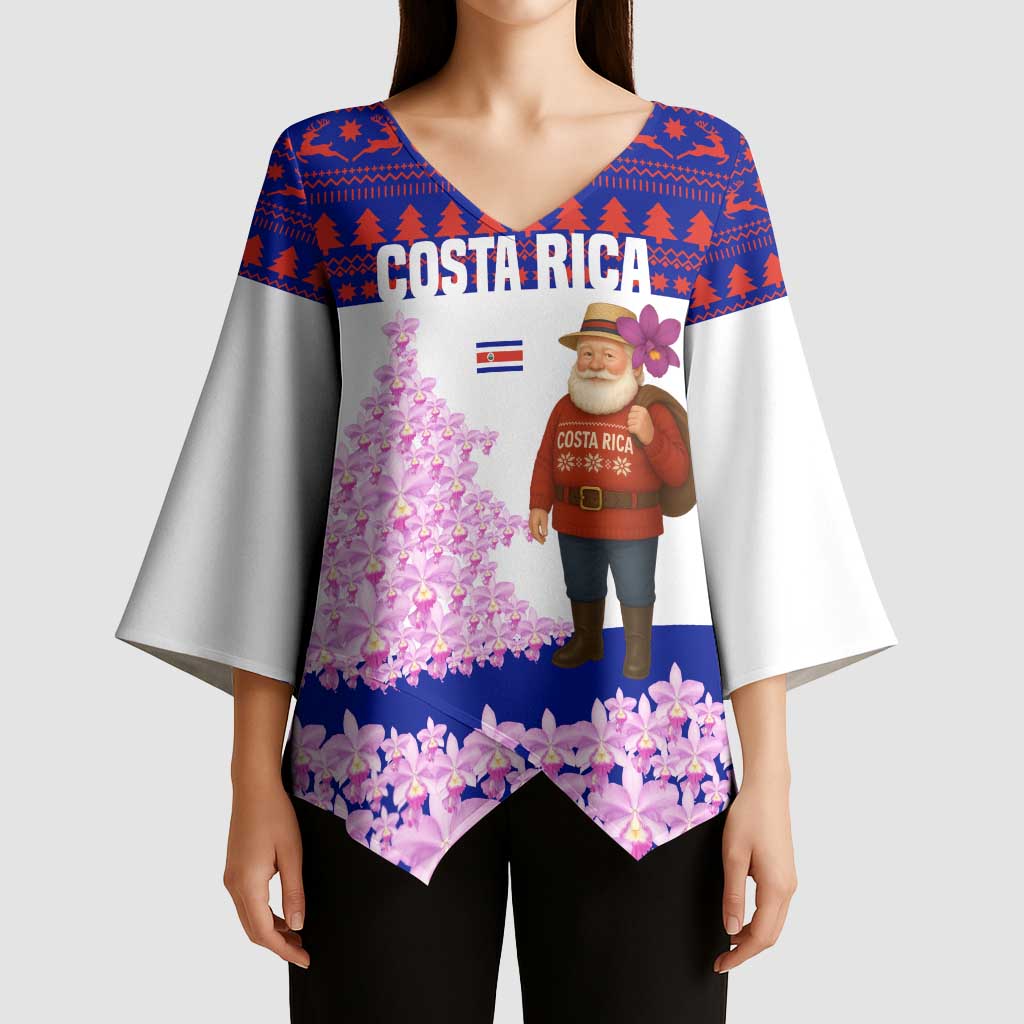 Costa Rica Christmas Kimono Sleeve Blouse with Santa Claus Pink Orchid Tree National Emblem and Festive Pattern Design - Wonder Print Shop