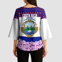 Costa Rica Christmas Kimono Sleeve Blouse with Santa Claus Pink Orchid Tree National Emblem and Festive Pattern Design - Wonder Print Shop