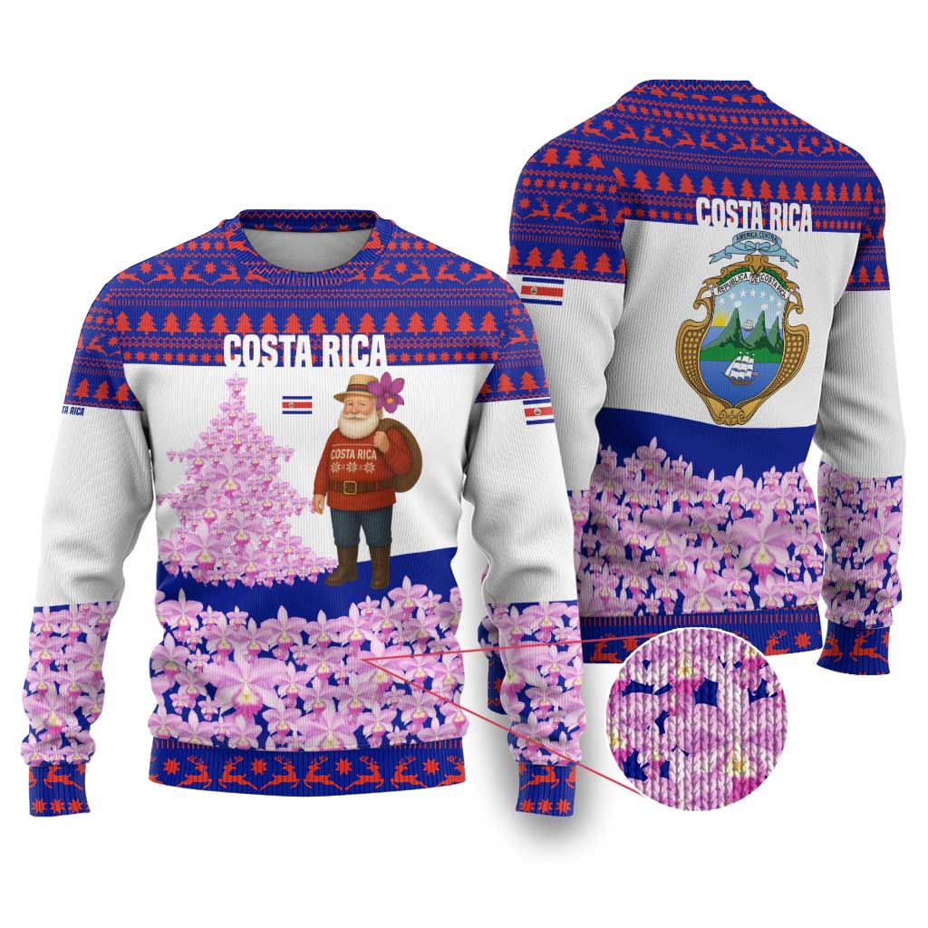 Costa Rica Christmas Ugly Christmas Sweater with Santa Claus Pink Orchid Tree National Emblem and Festive Pattern Design - Wonder Print Shop
