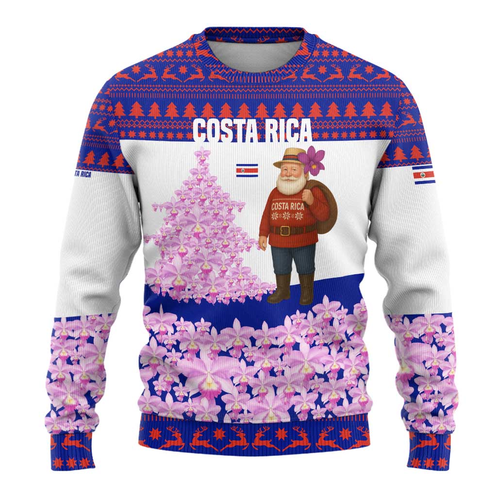 Costa Rica Christmas Ugly Christmas Sweater with Santa Claus Pink Orchid Tree National Emblem and Festive Pattern Design - Wonder Print Shop