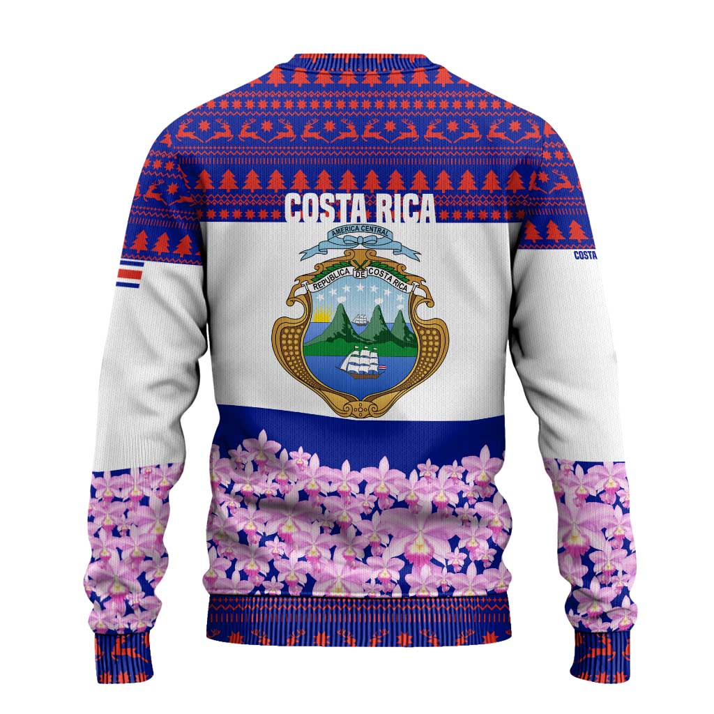 Costa Rica Christmas Ugly Christmas Sweater with Santa Claus Pink Orchid Tree National Emblem and Festive Pattern Design - Wonder Print Shop