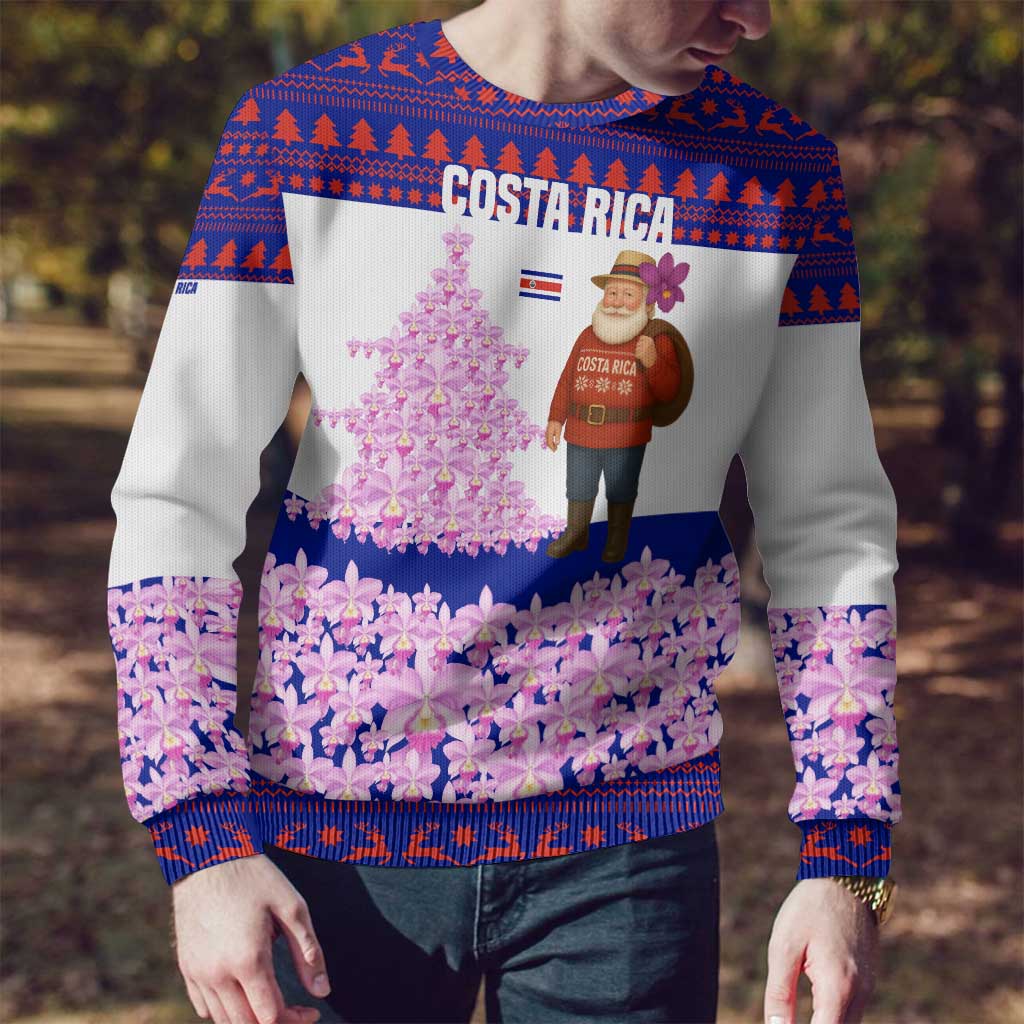 Costa Rica Christmas Ugly Christmas Sweater with Santa Claus Pink Orchid Tree National Emblem and Festive Pattern Design - Wonder Print Shop
