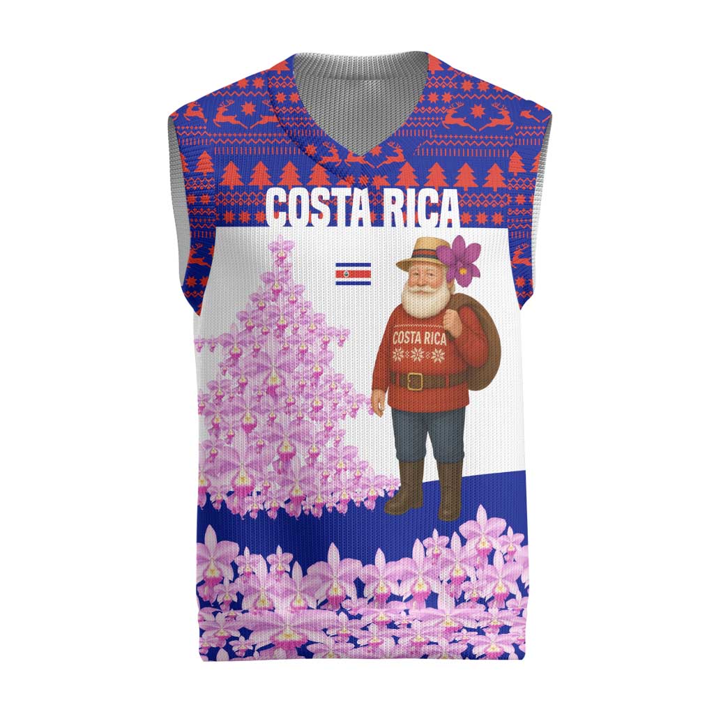 Costa Rica Christmas Knitted V-Neck Vest with Santa Claus Pink Orchid Tree National Emblem and Festive Pattern Design - Wonder Print Shop