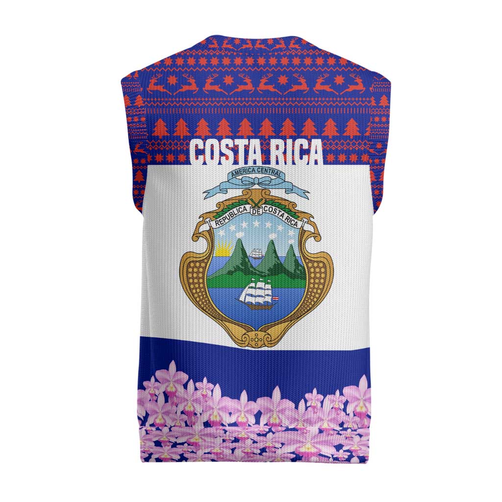 Costa Rica Christmas Knitted V-Neck Vest with Santa Claus Pink Orchid Tree National Emblem and Festive Pattern Design - Wonder Print Shop