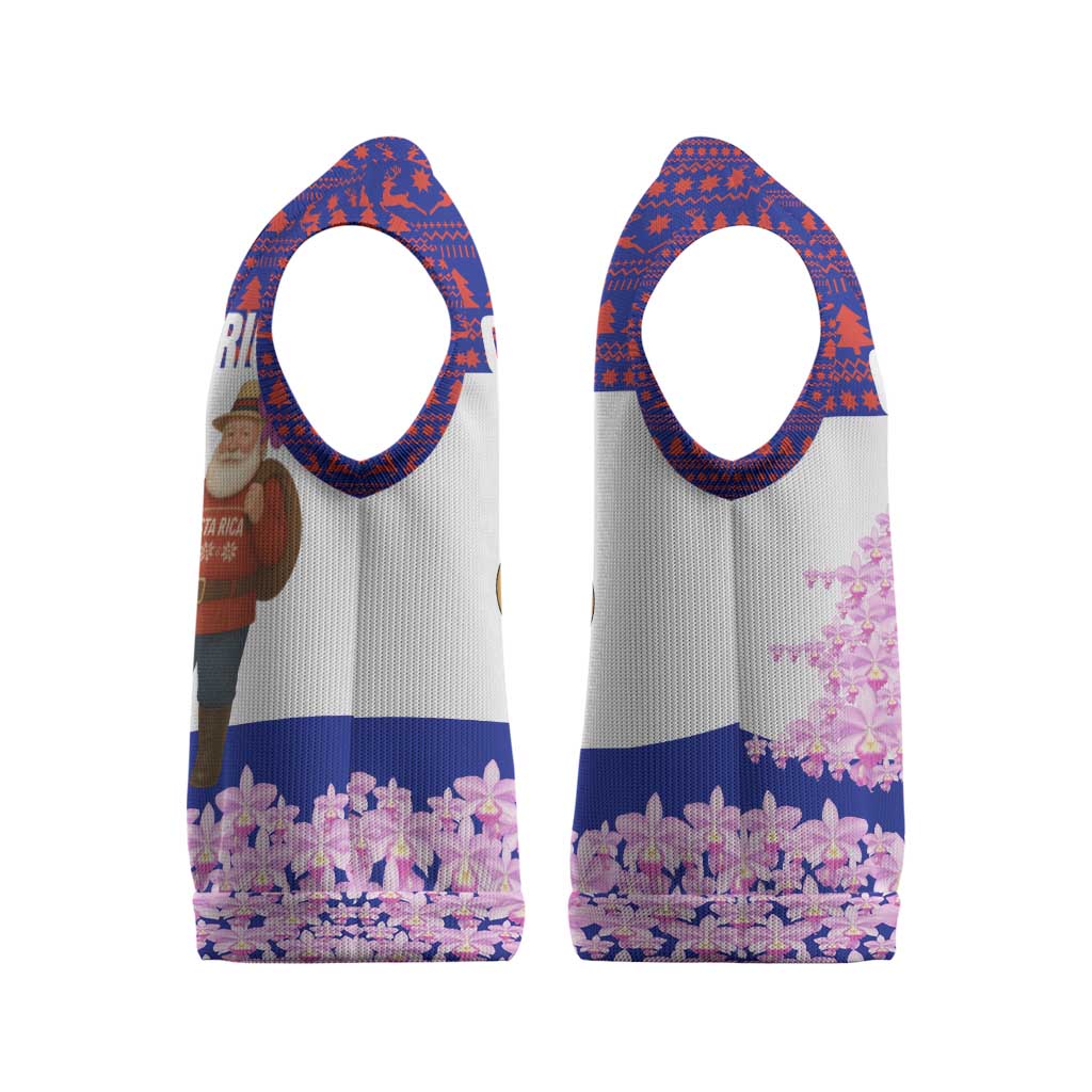 Costa Rica Christmas Knitted V-Neck Vest with Santa Claus Pink Orchid Tree National Emblem and Festive Pattern Design - Wonder Print Shop