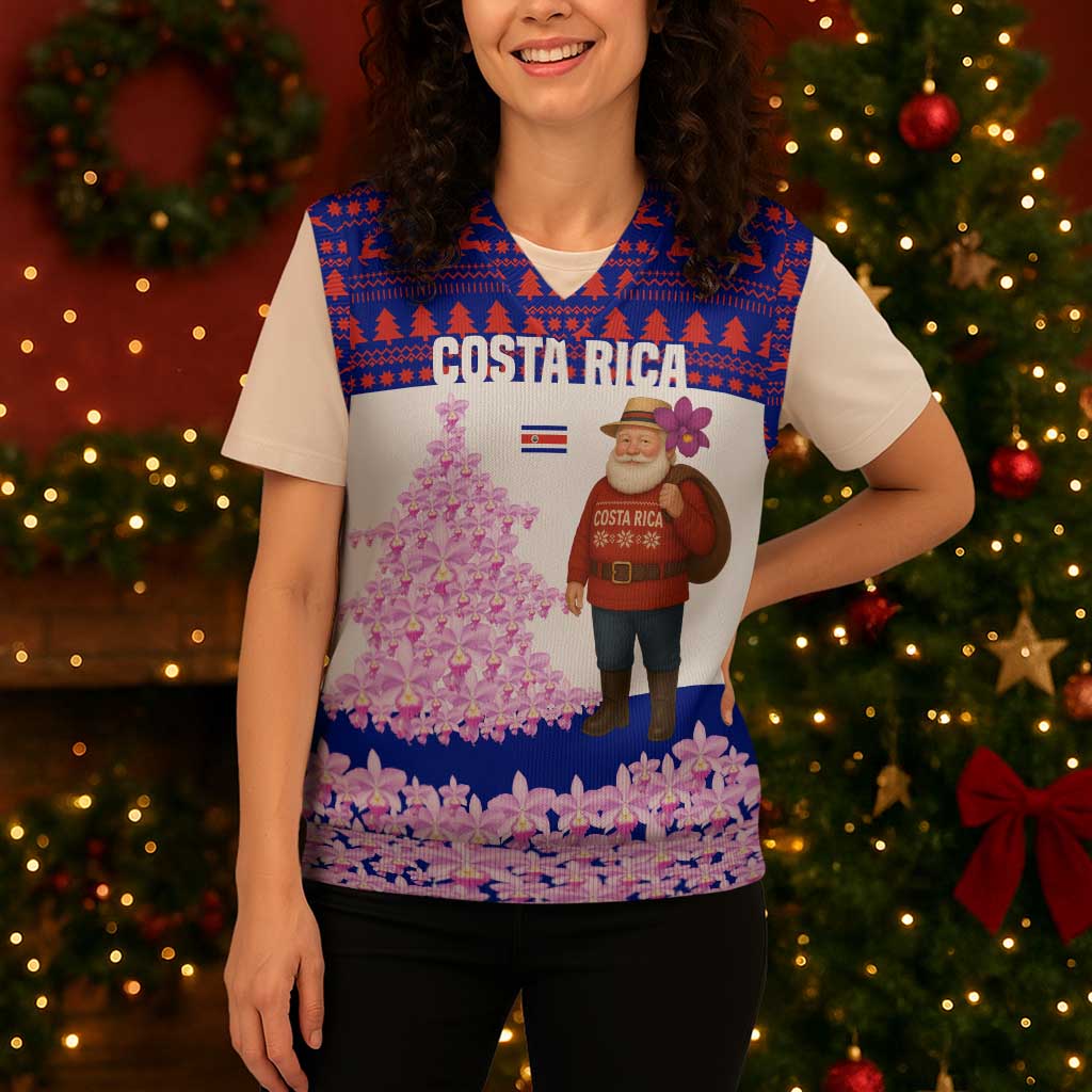 Costa Rica Christmas Knitted V-Neck Vest with Santa Claus Pink Orchid Tree National Emblem and Festive Pattern Design - Wonder Print Shop