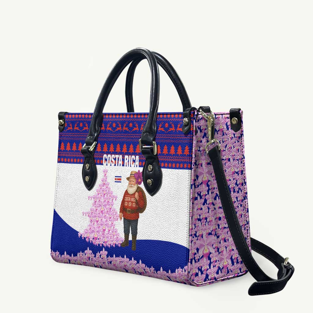 Costa Rica Christmas Leather Bag with Santa Claus Pink Orchid Tree National Emblem and Festive Pattern Design - Wonder Print Shop