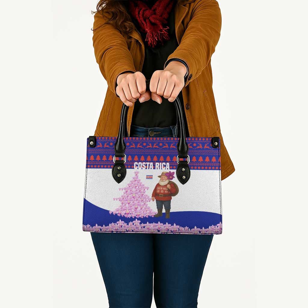 Costa Rica Christmas Leather Bag with Santa Claus Pink Orchid Tree National Emblem and Festive Pattern Design - Wonder Print Shop