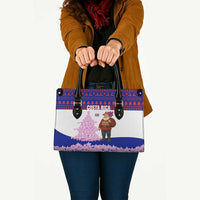 Costa Rica Christmas Leather Bag with Santa Claus Pink Orchid Tree National Emblem and Festive Pattern Design - Wonder Print Shop