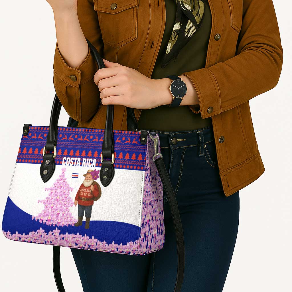 Costa Rica Christmas Leather Bag with Santa Claus Pink Orchid Tree National Emblem and Festive Pattern Design - Wonder Print Shop