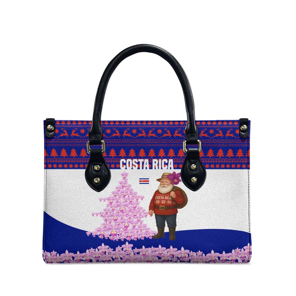 Costa Rica Christmas Leather Bag with Santa Claus Pink Orchid Tree National Emblem and Festive Pattern Design - Wonder Print Shop