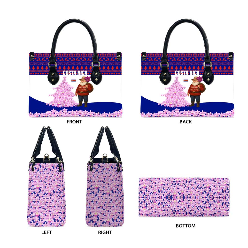 Costa Rica Christmas Leather Bag with Santa Claus Pink Orchid Tree National Emblem and Festive Pattern Design - Wonder Print Shop