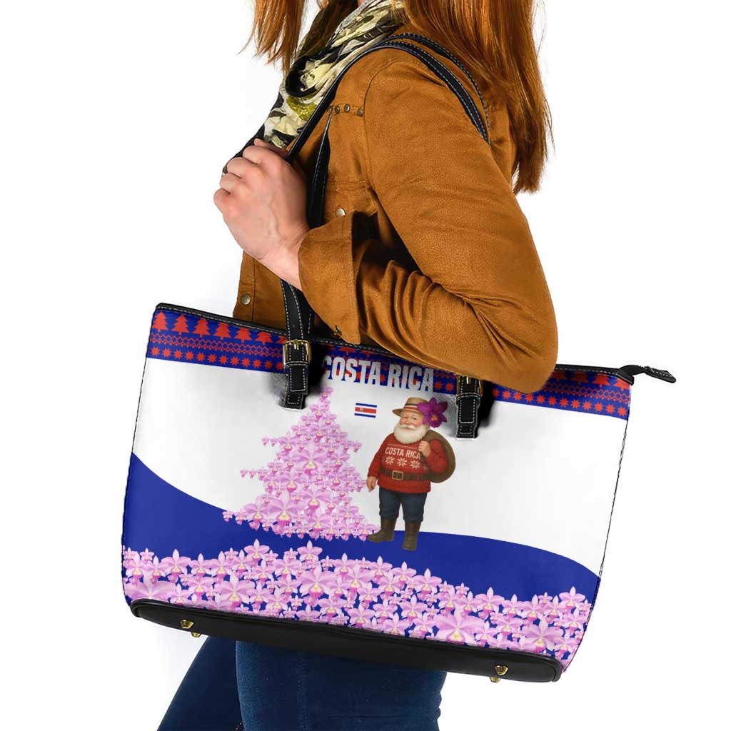 Costa Rica Christmas Leather Tote Bag with Santa Claus Pink Orchid Tree National Emblem and Festive Pattern Design - Wonder Print Shop