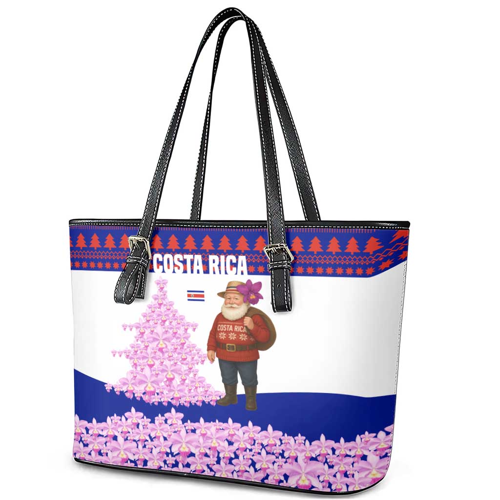 Costa Rica Christmas Leather Tote Bag with Santa Claus Pink Orchid Tree National Emblem and Festive Pattern Design - Wonder Print Shop