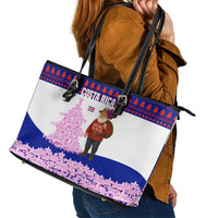 Costa Rica Christmas Leather Tote Bag with Santa Claus Pink Orchid Tree National Emblem and Festive Pattern Design - Wonder Print Shop