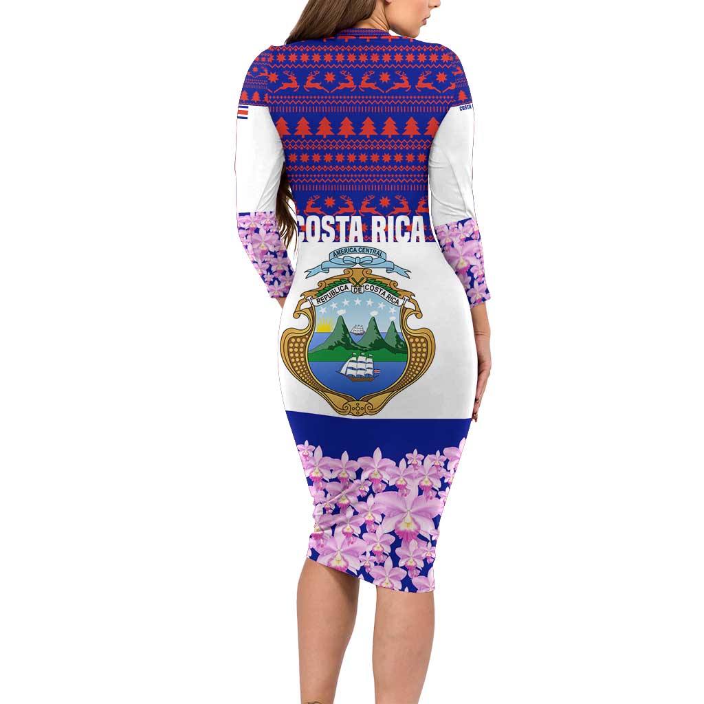 Costa Rica Christmas Long Sleeve Bodycon Dress with Santa Claus Pink Orchid Tree National Emblem and Festive Pattern Design - Wonder Print Shop