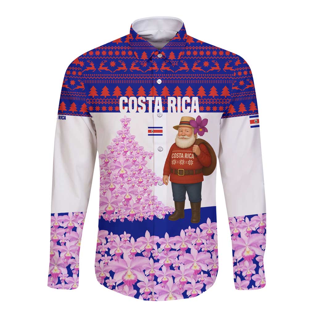 Costa Rica Christmas Long Sleeve Button Shirt with Santa Claus Pink Orchid Tree National Emblem and Festive Pattern Design - Wonder Print Shop