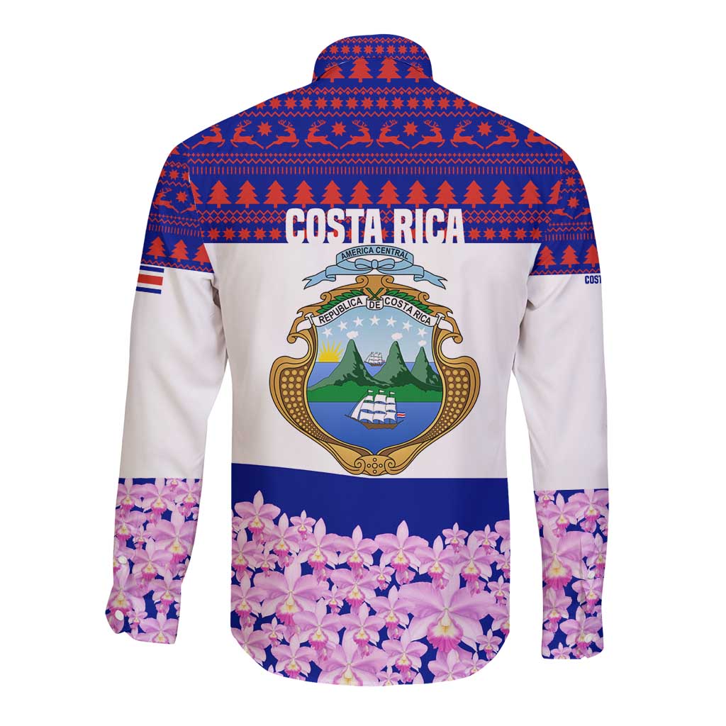 Costa Rica Christmas Long Sleeve Button Shirt with Santa Claus Pink Orchid Tree National Emblem and Festive Pattern Design - Wonder Print Shop