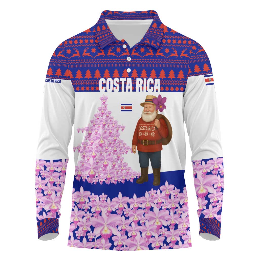 Costa Rica Christmas Long Sleeve Polo Shirt with Santa Claus Pink Orchid Tree National Emblem and Festive Pattern Design - Wonder Print Shop