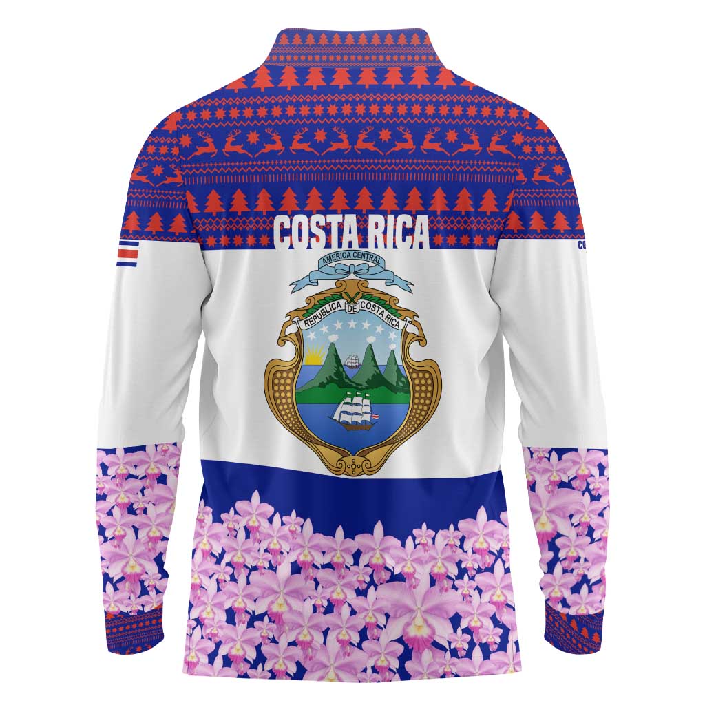 Costa Rica Christmas Long Sleeve Polo Shirt with Santa Claus Pink Orchid Tree National Emblem and Festive Pattern Design - Wonder Print Shop