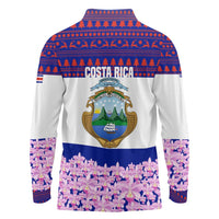 Costa Rica Christmas Long Sleeve Polo Shirt with Santa Claus Pink Orchid Tree National Emblem and Festive Pattern Design - Wonder Print Shop