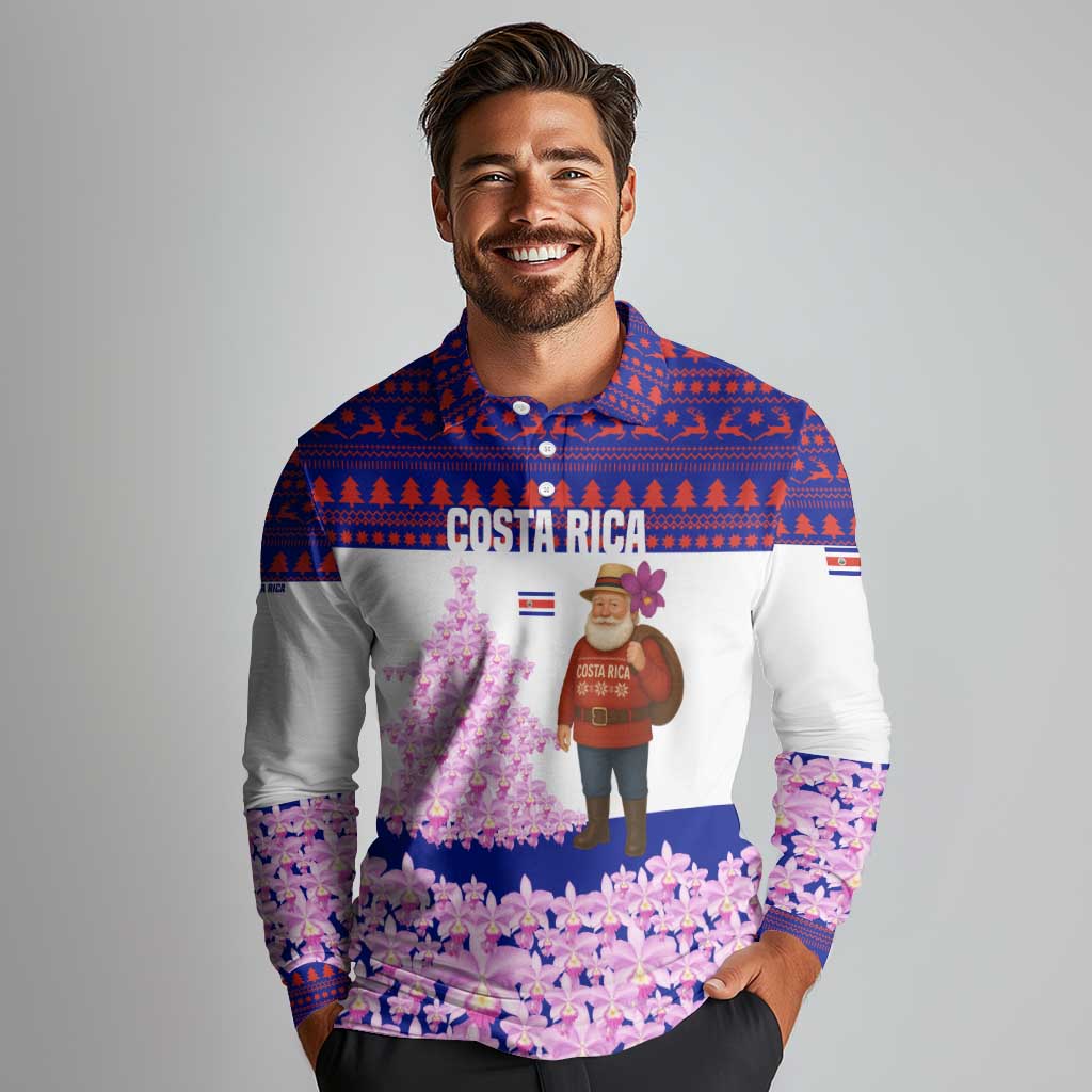 Costa Rica Christmas Long Sleeve Polo Shirt with Santa Claus Pink Orchid Tree National Emblem and Festive Pattern Design - Wonder Print Shop