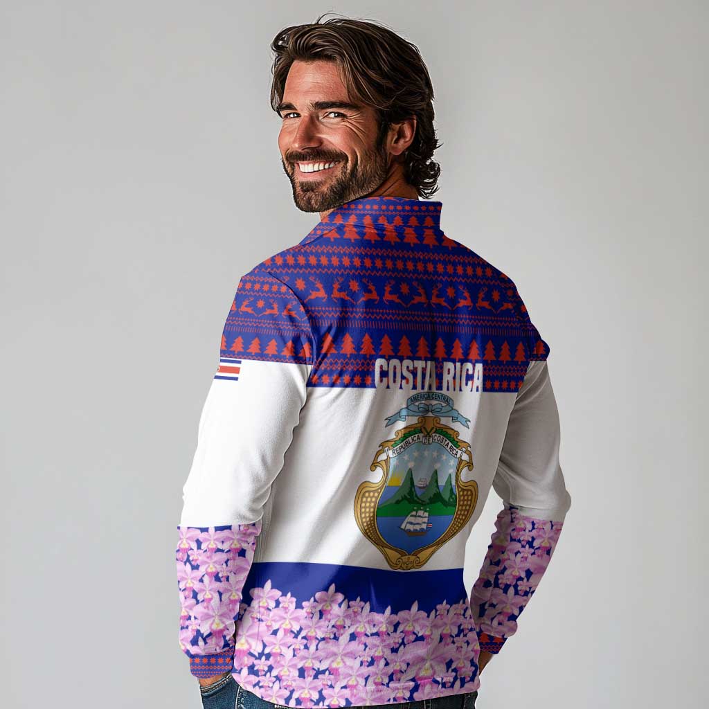Costa Rica Christmas Long Sleeve Polo Shirt with Santa Claus Pink Orchid Tree National Emblem and Festive Pattern Design - Wonder Print Shop